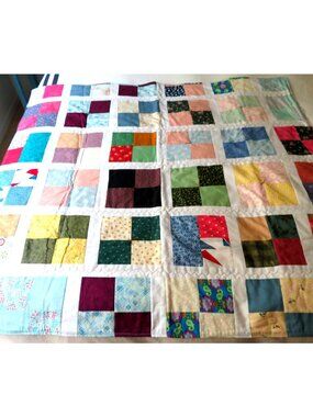 Vintage Handmade Reversible Throw Quilt Patchwork Squares Americana Backing